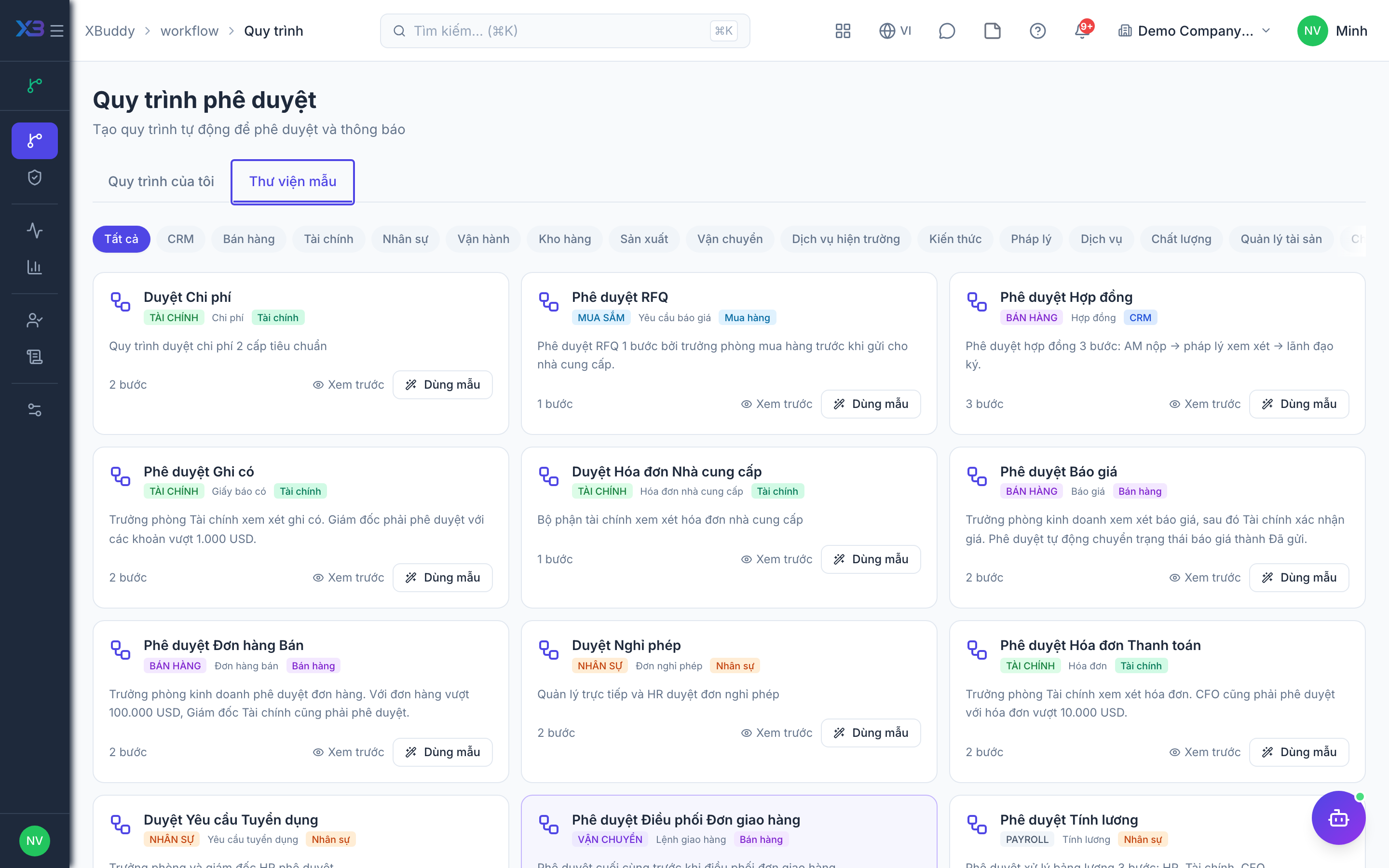 Workflow Management — template gallery grouped by domain